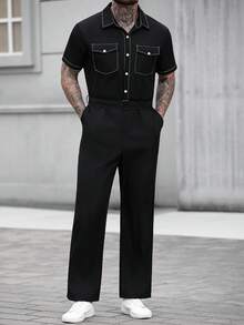 Manfinity CasualCool Men's Flap Pocket Drawstring Waist Shirt Jumpsuit Overall Men Men S Overall Men S Overalls Overalls For Men Men S Jumpsuit ... Mens Overall Men Black Outfit Men Black Two Piece Set Men Shirt Co Ords Mens Jumpsuit Baggy F1 - Black - View 4