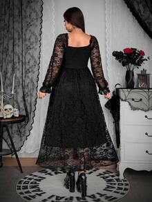 SHEIN Whyspr 大码暗黑哥特风方领收腰A字蕾丝连衣裙 - 黑色 - 查看 3