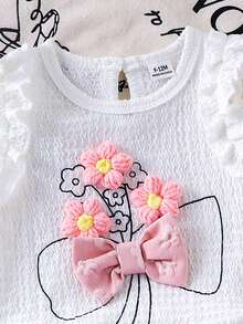 2pcs Baby Girls Knitted Textured Fabric Ruffle Trim Floral Top And Pants Set, Sweet Jacquard, Casual Summer Outfit - Pink - View 8