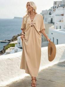 SHEIN Holidaya Robe longue élégante de couleur unie avec col en V et décoration plissée - Kaki - Voir 5