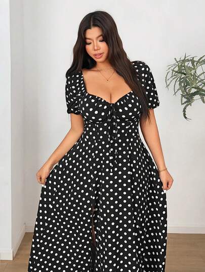 Sunnyshic Plus Size Women's Polka Dot Print High Slit Sexy Dress