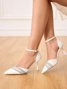 CUCCOO HITCHD 黑色水晶装饰绑带高跟鞋，尖头镂空设计，适合通勤、约会、派对等各种场合，秋季时尚之选。 - 純白色 - 查看 2