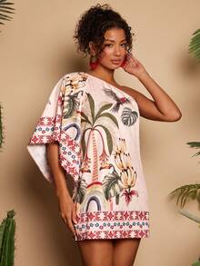 Travachic Women's Tropical Plant Print Fashionable Mini Halter Dress, Suitable For Vacation - Multicolor - View 6