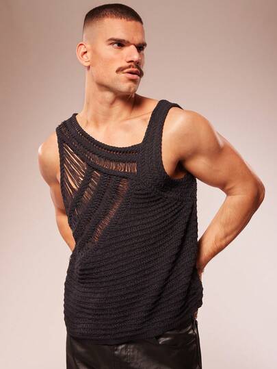 FeverCity Men's Solid Color Asymmetric Neckline Sheer Fashionable Sexy Sleeveless Sweater