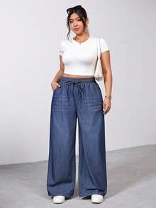 SHEIN PETITE CURVE PETITE Plus Size Summer And Spring Woman's Solid Color Mid-Waist Elastic Waist Drawstring Straight Loose Versatile Denim Jeans - Dark Wash - View 5
