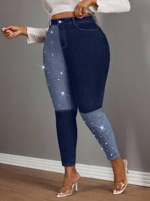 Slaydiva سراويل جينز نسائية سكيني مخصصة بتصميم فني مبتكر مزينة باللؤلؤ، لون أسود، مقاسات كبيرة، مناسبة للنساء في موسم الخريف وحفلات الرعاة - أزرق داكن - مشاهدة 5