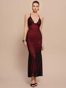 Leighera V领撞色蕾丝露背交叉绑带鱼网美人鱼下摆修身吊带连衣裙，女士长款套装 - 彩色 - 查看 5