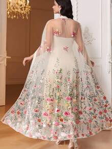 SHEIN Ensemble 2 pièces de vêtements de maternité avec châle en maille à broderie florale et robe tube ajustée, robe élégante d'été bleue à papillon pour femme enceinte invitée à un mariage - Nude - Voir 1