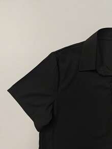 2pcs Men's Solid Color Short Sleeve Shirt Collar Button Front Shirt & Shorts Casual Set - Black and White - View 5