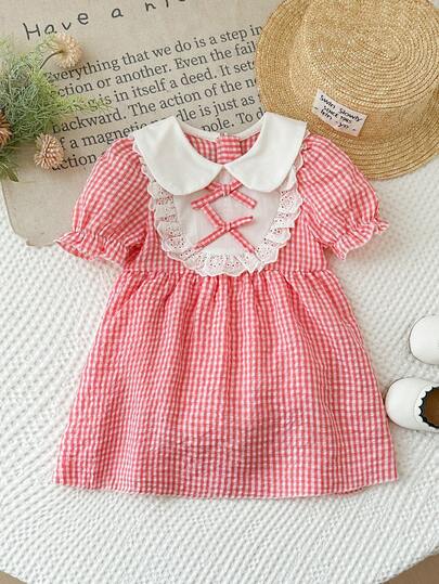 SHEIN LMoss Kids Baby Girls' French Elegant Color Block Round Collar Ruffle Trim Plaid Short Sleeve Romper