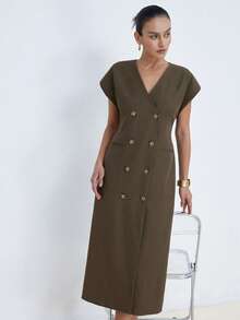 Aveloria Modichic French Elegant Style, Button Decor, Refined Office Lady Vibe Sleeveless Fitted Long Dress - Mocha Brown - View 3