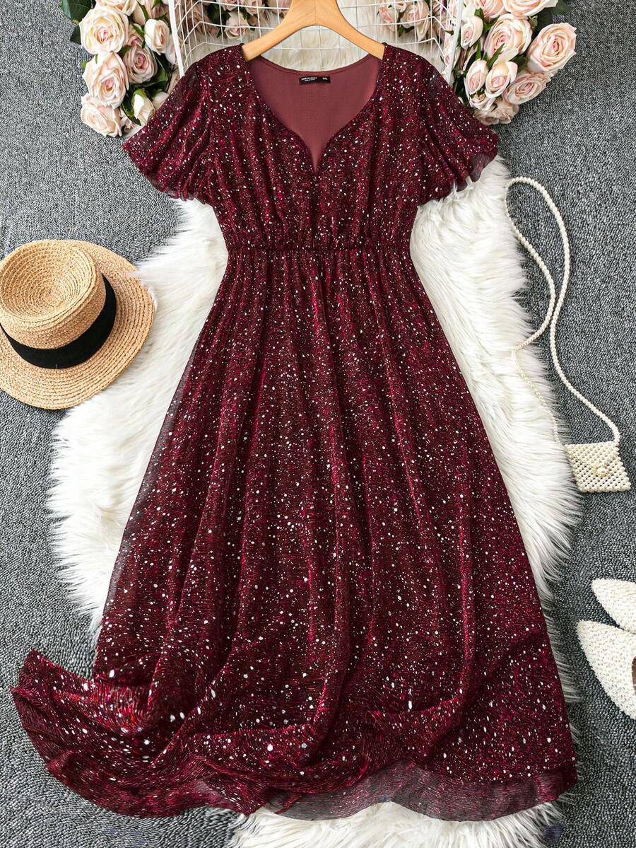 SHEIN Clasi 大码亮片图案优雅短袖连衣裙 - 酒紅色 - 查看 1