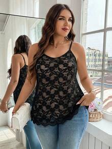 Reflora Curve 大码女装情人节浪漫休闲日常优雅黑色蕾丝吊带背心，商务休闲女装，蕾丝上衣，度假，外出，吊带背心，度假，外出上衣，蕾丝上衣，女教师，优雅女装，商务休闲春假休闲女装 - 黑色 - 查看 6
