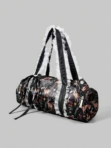 ROMWE Kawaii Bolso redondo blanco vintage y lindo con decoración de encaje con lazo, bolso de hombro estilo Boston para mujer, estilo femenino - Zorro Negro - Ver 2