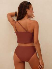 Swim Chiccia Stylish Rust 's Sleeveless Plain Tankini Top With Ring Detail And Matching Bikini Bottom - Rust Brown - View 2