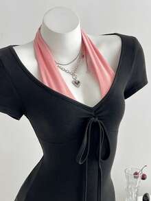 SHEIN Unity 女士Y2K撞色露背无袖T恤，夏季时尚 - 黑色 - 查看 1