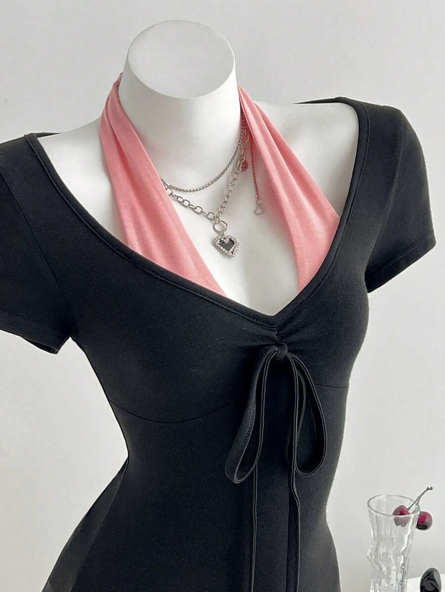 SHEIN Unity 女士Y2K撞色露背无袖T恤，夏季时尚 - 黑色 - 查看 1