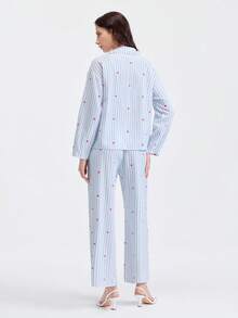 Loungeista 2pcs Women Loose Comfortable Breathable Long Sleeve Top And Long Pants Pajama Set, Cute Home Wear, Fall & Winter Clothes - Blue - View 3