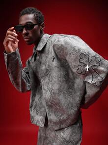 SUMWON Cropped Harrington Snake Print PU Leather Jacket With Cross Applique For Streetwear Urban Style - Grey - View 3