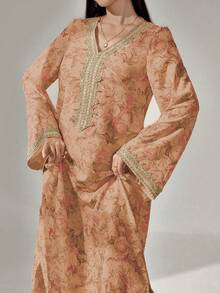 Al Najma 女士花卉印花钩编拼接长袖连衣裙，优雅端庄的A字型卡夫坦长袍，适合晚宴/婚礼宾客/周年纪念/日常穿着 - 橘色 - 查看 7