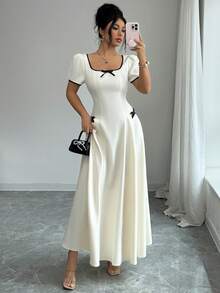 Elenzga 女士纯色U领方领撞色滚边腰部褶裥撞色蝴蝶结装饰短泡泡袖长款连衣裙，杏色，优雅法式复古正式办公通勤商务休闲度假下午茶街头风简约百搭复古澳式休闲派对情人节约会春夏新款 - 杏色 - 查看 3