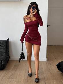 Coolane Đầm ôm sát hở vai bằng vải dệt kim dành cho nữ - Đỏ - Xem 2