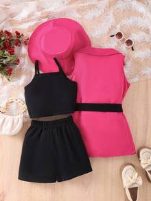 3pcs Young Girls Fuchsia Blazer Vest Jacket,Knit Camisole And Shorts Set,Elegant Commuter Outfit Bow Clothes For Summer Spring Autumn,7thbirthday - Hot Pink - View 2