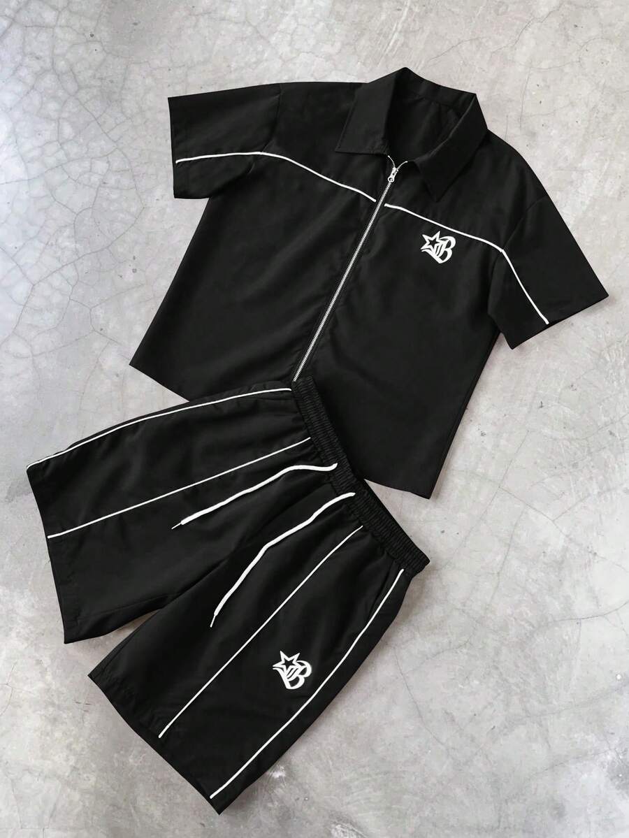 Manfinity Roghcode 3 件男士星星印花短袖拉链衬衫和短裤套装 - 黑色 - 查看 1