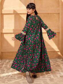 Vestido de manga larga con estampado floral para niñas preadolescentes, vestidos islámicos para niñas, vestido abaya para niñas - Verde Oscuro - Ver 2