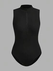 SHEIN EZwear Bộ áo liền thân dệt kim 2 mảnh màu đen trắng dành cho nữ - Nhiều màu - Xem 6