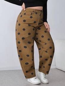 SHEIN PETITE CURVE 春夏款 PETITE CURVE 女士波点印花口袋休闲宽松牛仔裤 休闲棕色波点喇叭裤 - 棕色 - 查看 5