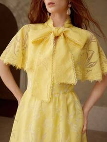 MOTF PREMIUM ELEGANT ORGANZA CONTRAST LACE BOW TIE CHIFFON DRESS, SPRING/SUMMER - Yellow - View 2