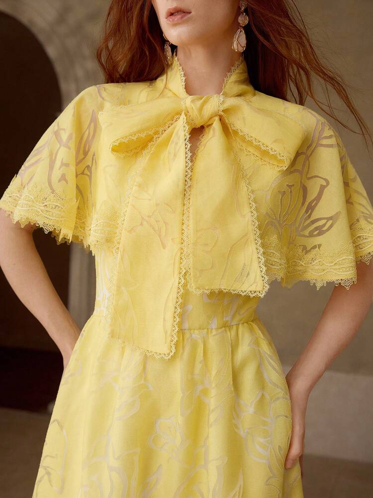 ELEGANT ORGANZA CONTRAST LACE BOW TIE CHIFFON DRESS, SPRING/SUMMER