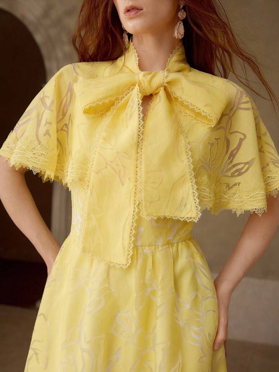 MOTF PREMIUM ELEGANT ORGANZA CONTRAST LACE BOW TIE CHIFFON DRESS, SPRING/SUMMER - Yellow - View 2