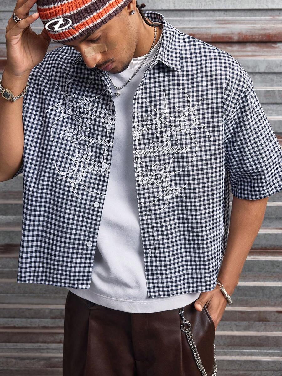 AXEPEAK 男士格子图案印花纽扣前开襟休闲短袖衬衫 - 藍色 - 查看 1