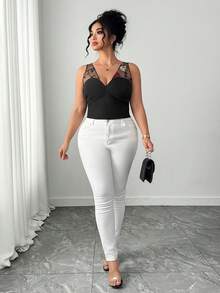 SHEIN Elenzya Áo kiểu nữ cỡ lớn thanh lịch, thường ngày, phối lưới, hở lưng, dây buộc, không tay, cổ chữ V sâu, thích hợp đi làm. - Nhiều màu - Xem 7