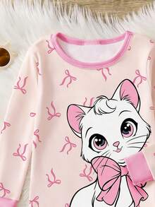 1set Baby Girls' Pajamas, Pink Cute Cartoon Cat & Bow Print, Snug Fit Long Sleeve Top And Pants, Spring/Autumn - Pink - View 4