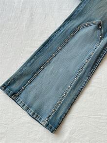 Elamini Mid-Waist Fashion Patchwork Studded Washed Elastic Skinny Flare Jeans - Medium Wash - View 6