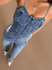 TRNVIE Fashionable Casual Sexy Camisole Bustier Denim Jumpsuit - Medium Wash - View 7