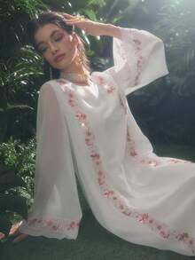 Al Najma Sequin Patchwork Embroidered Floral Trim Solid Color Chiffon Blouse - White - View 8