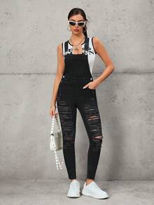 SHEIN Tall Women's Fashion Casual Slim Fit Personalized Distressed Tall High-Waisted Denim Bib Pants & Jumpsuit - Black - View 4