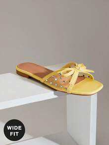 SHUZIA Sandal đế bằng lưới có nơ, dáng rộng, thoải mái dành cho nữ, thích hợp cho ngày Valentine. - Màu vàng - Xem 7