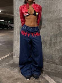 StreetHx 女士字母印花斜插口袋休闲百搭阔腿牛仔裤 - 藍色 - 查看 5