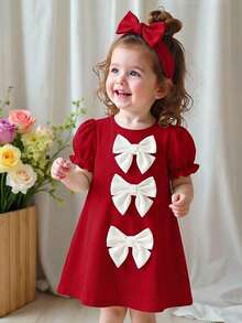 Vestido de punto rojo con lazo elegante y sencillo para bebé niña. Adecuado para fiestas de cumpleaños, fiestas de noche, actuaciones, bodas, bautizos y ceremonias de apertura. Perfecto para primavera y verano. - Rojo - Ver 1