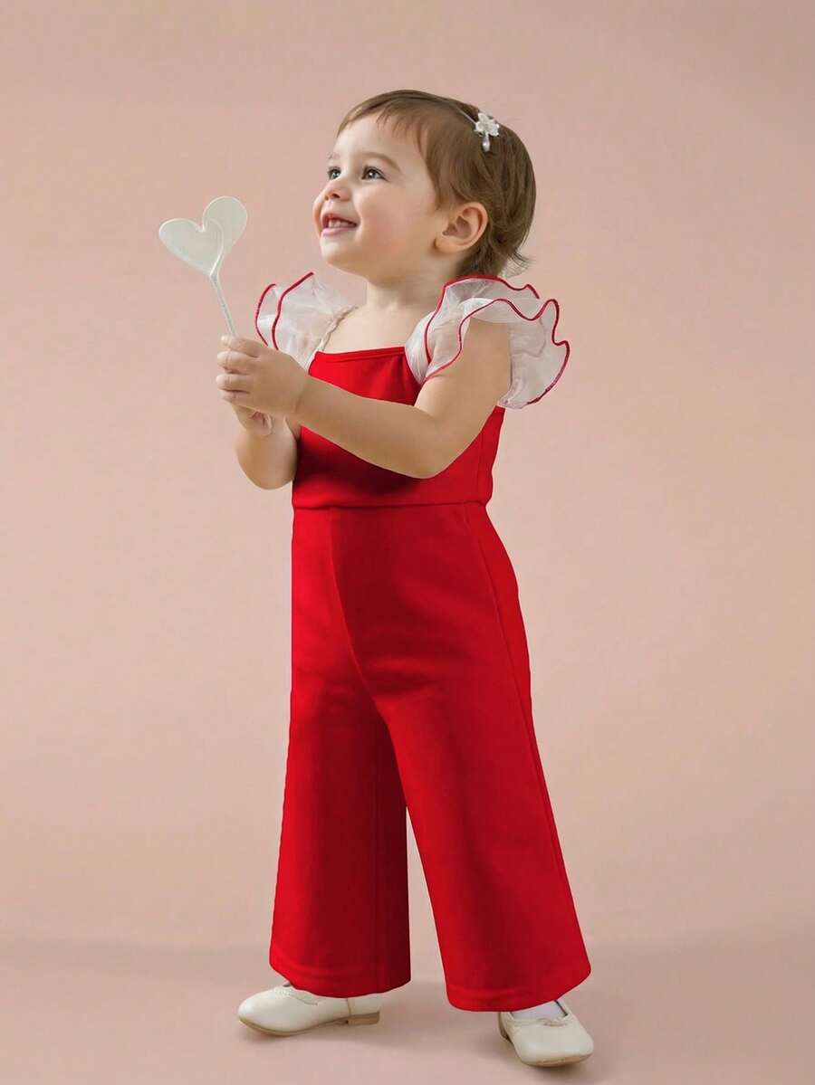 SHEIN Cute Red Patchwork Organza Ruffle Trim Jumpsuit For Baby Girl, Summer Baby Girl Clothes Red Outfit Overall Baby Girl Jumpsuit - Multicolor - View 1