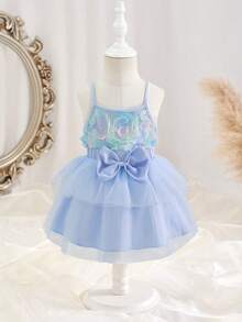 SHEIN 女婴夏季两件套，返校季适用，适合6个月至3岁宝宝，蓝色玫瑰网纱无袖上衣搭配松紧腰蝴蝶结半身裙，柔软可爱，适合春夏休闲穿着，也是一份贴心的礼物。 - 藍色 - 查看 9