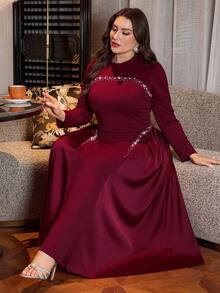 Modelyn 珠饰水钻点缀 A 字型喇叭拼接优雅大码正式礼服 - 酒紅色 - 查看 6