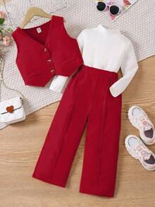 SHEIN Elladie kids 三件套少女春秋季派对套装，包含无袖背心、阔腿裤和长袖高领上衣，时尚休闲装，粉色无袖纽扣背心+舒适针织高领上衣+阔腿裤，欧美风少女服装套装 - 紅色 - 查看 3