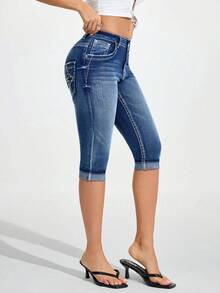 Jeanoix 女士休闲水洗修身刺绣口袋牛仔裤 - 藍色 - 查看 6