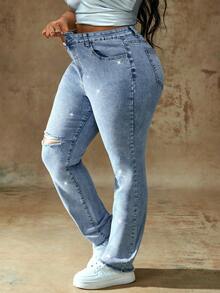 Truni Plus Size Casual Washed Distressed Rhinestone Embellished Jeans, For Pear & Triangle Body Shape - Blue - View 8
